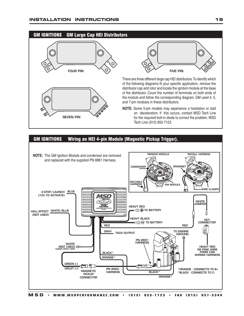 Gm ignitions gm large cap hei distributors, Installation instructions 15 m s d | MSD 6421 6AL-2 Ignition Control Installation User Manual | Page 15 / 28