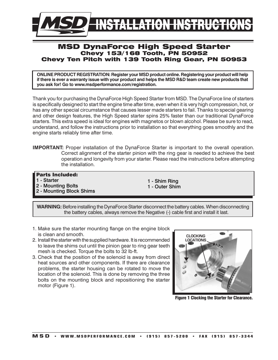 MSD 50953 Chevy High Speed DynaForce Starter 10 Pitch_139 Tooth Installation User Manual | 4 pages