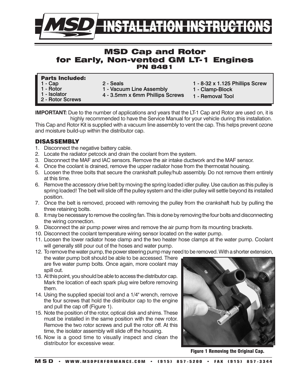 MSD 8481 LT-1 Distributor Cap & Rotor Kit, '93-'94 GM, LT-1, 350_5.7L SFI Installation User Manual | 4 pages