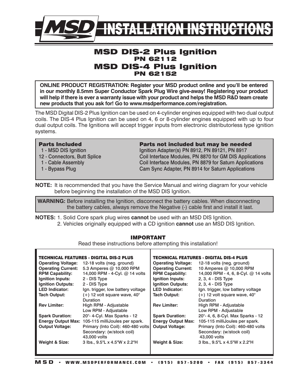 MSD 62152 DIS-4 Plus Distributorless 4 Channel Installation User Manual | 16 pages