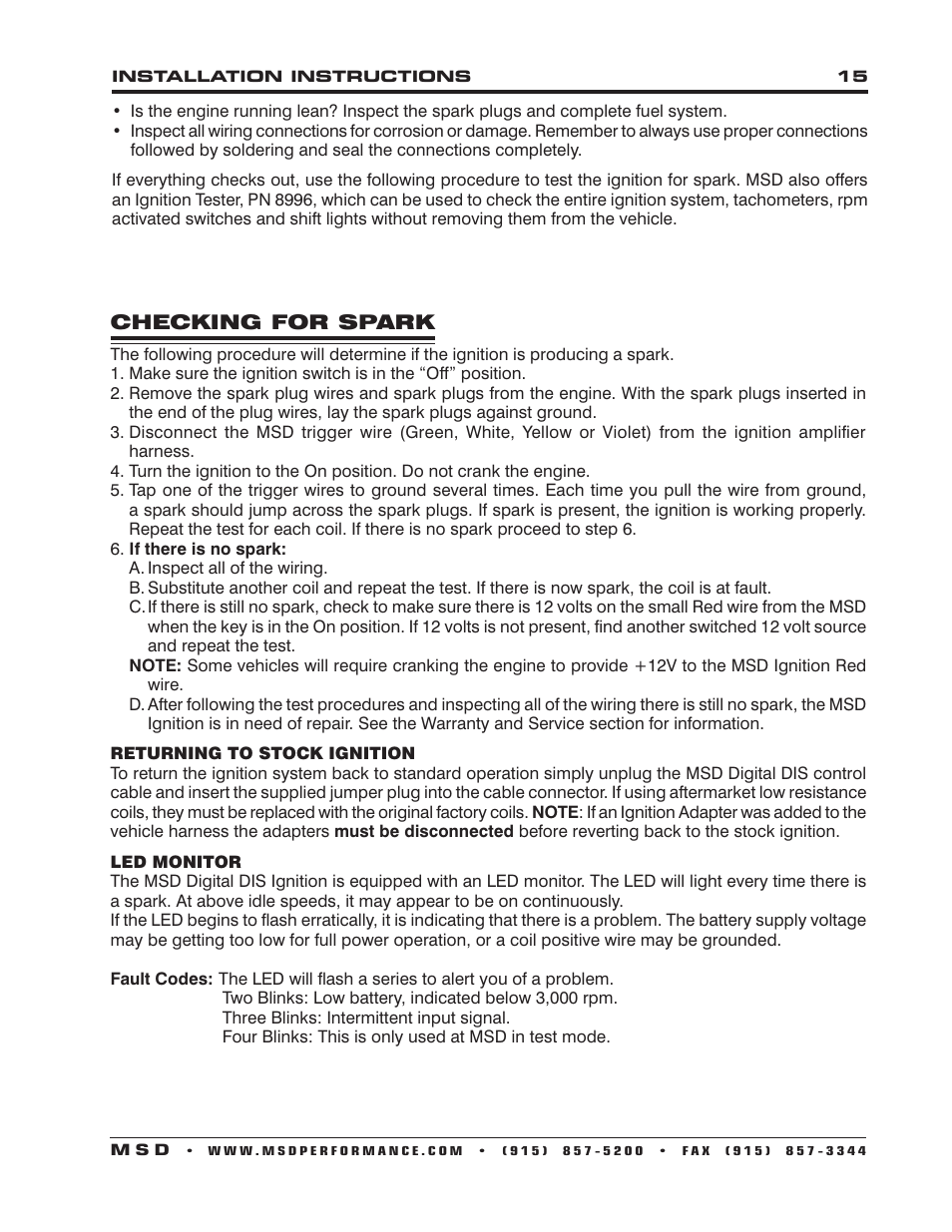 MSD 62152 DIS-4 Plus Distributorless 4 Channel Installation User Manual | Page 15 / 16