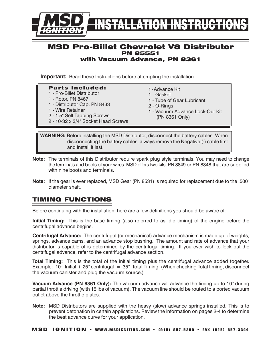 MSD 8361 Chevy V8 Street Pro-Billet w_Vacuum Advance Installation User Manual | 8 pages