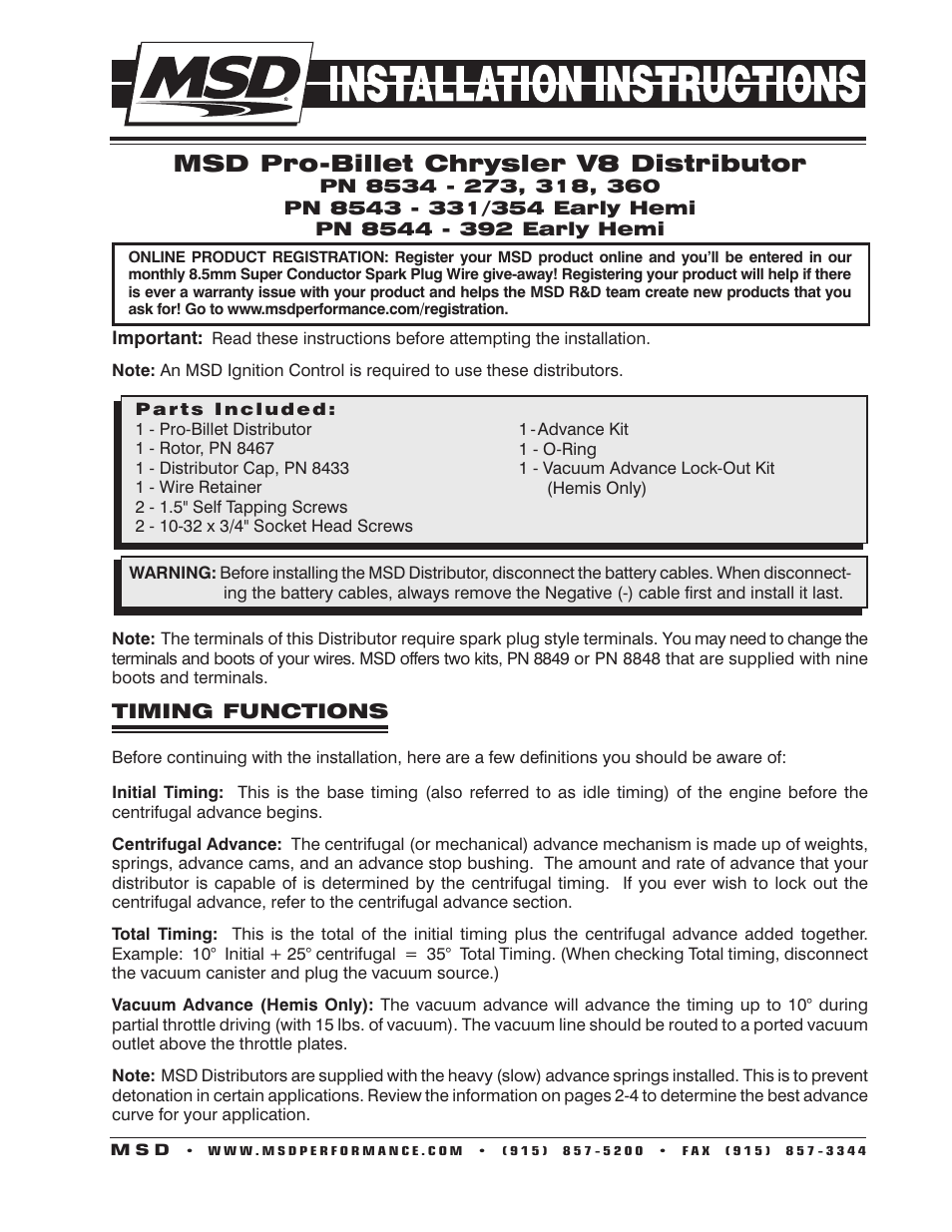 MSD 8534 Chrysler 318, 360 Billet Distributor Installation User Manual | 8 pages