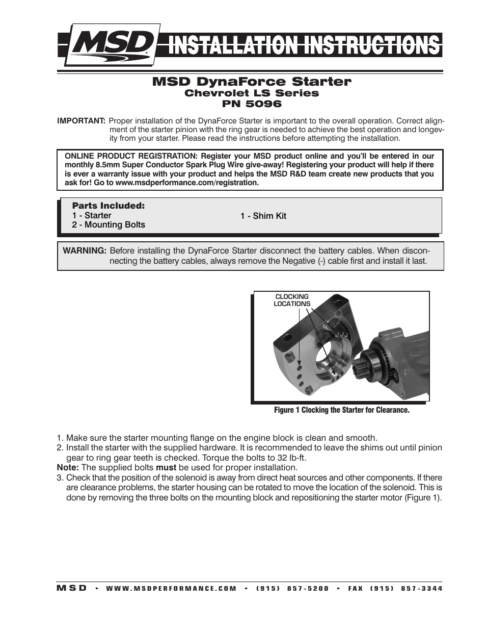 MSD 5096 DynaForce Starter, GM LS1-LS7 Engines Installation User Manual | 4 pages