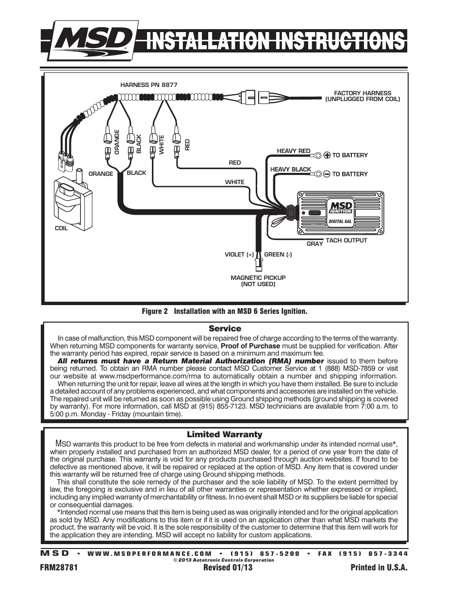 Limited warranty, Service | MSD 8231 GM '96-'97 External Single Connector Coil Installation User Manual | Page 2 / 2