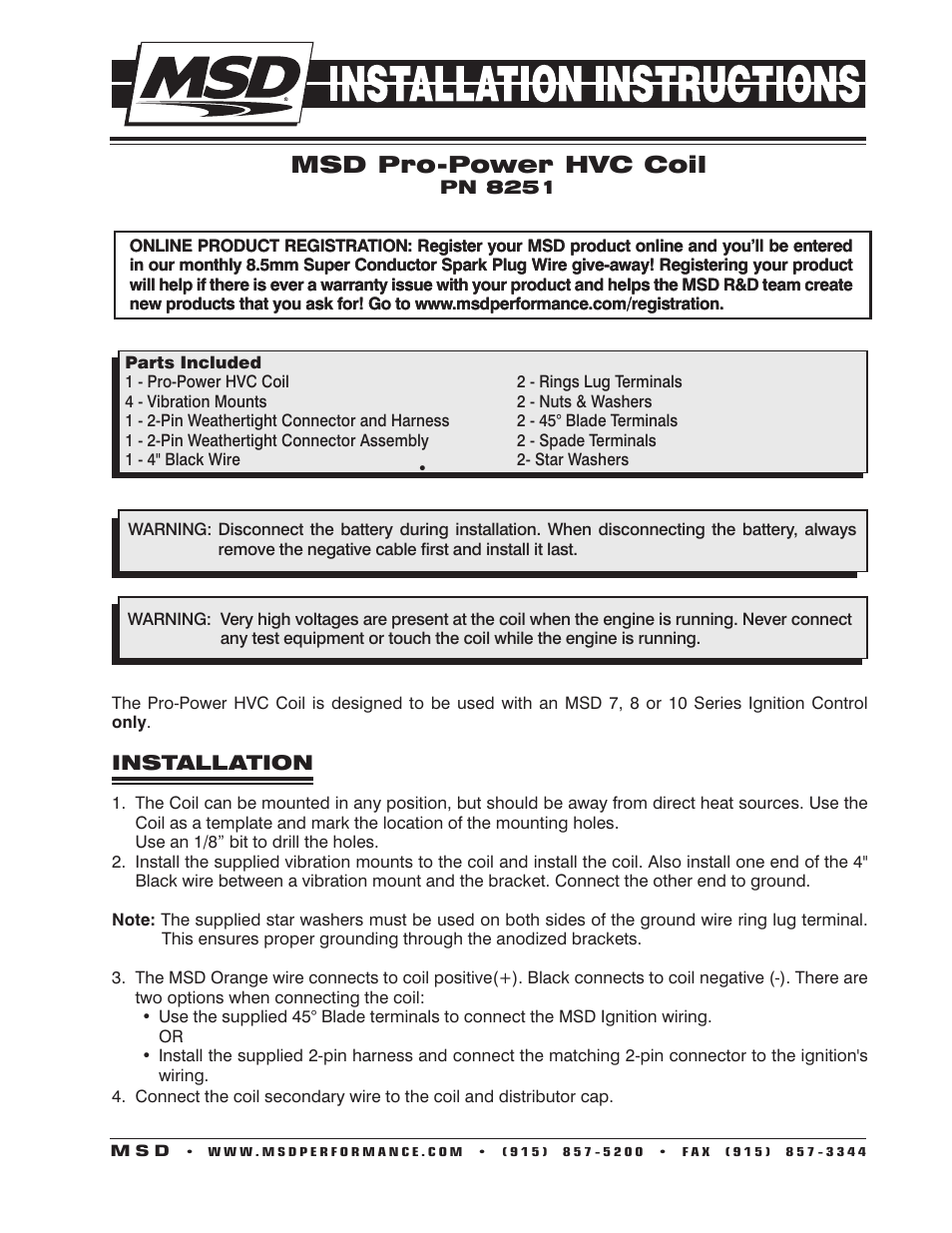 MSD 8251 Pro Power HVC Coil, Use w_MSD 7 Series Installation User Manual | 2 pages