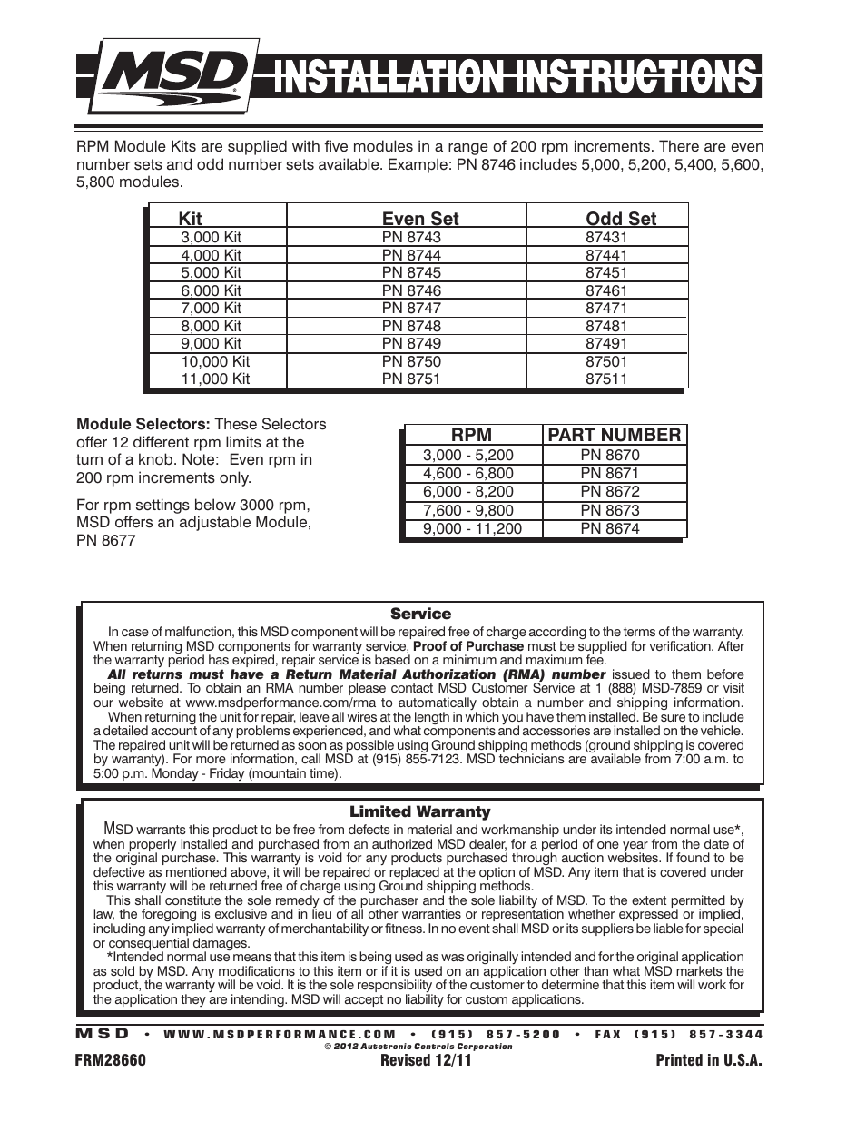 Rpm part number, Kit even set odd set | MSD 8950 RPM Activated Switch Installation User Manual | Page 4 / 4