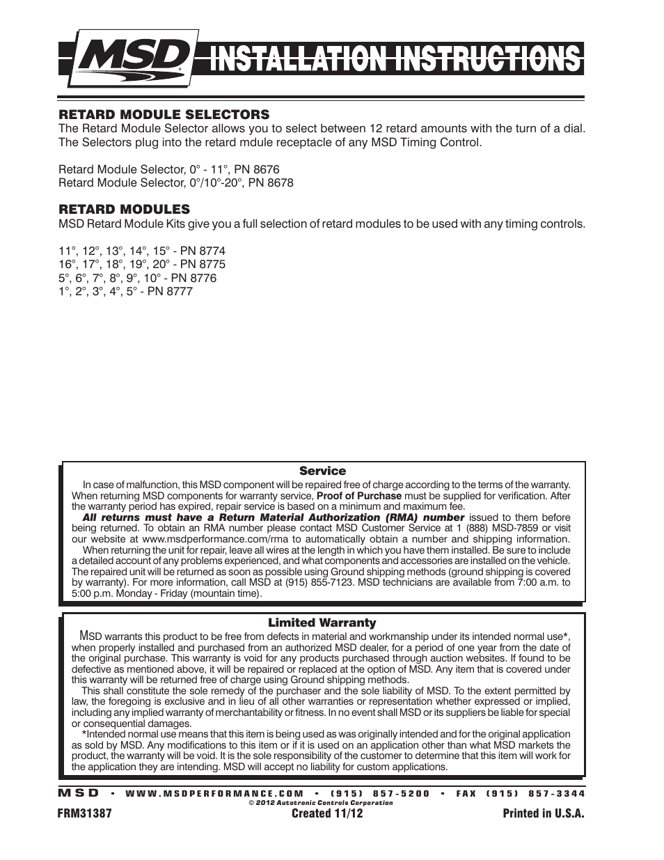 MSD 7330 7AL-3 Ignition Control Installation User Manual | Page 12 / 12