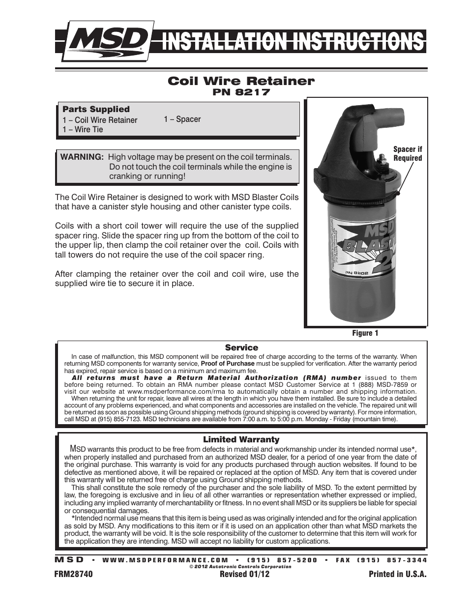 MSD 8217 Hold-Down, Coil Wire Installation User Manual | 1 page