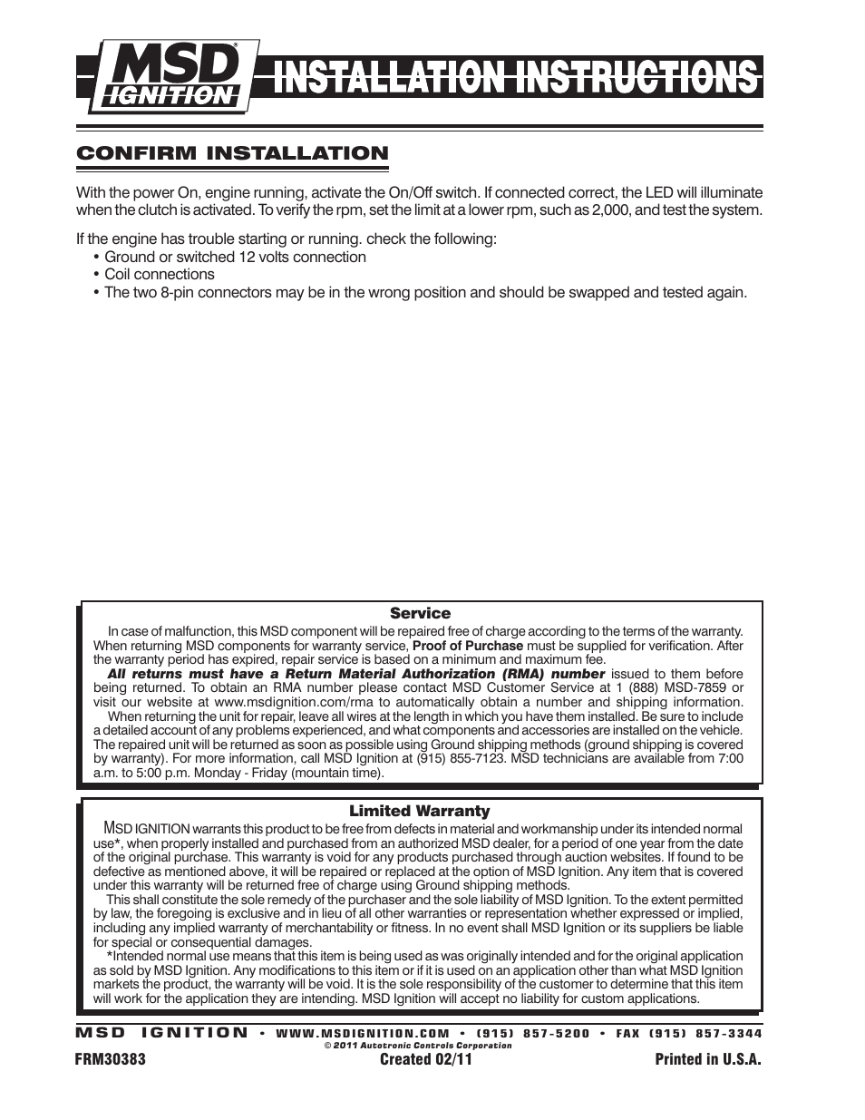 Confirm installation | MSD 8731 2-Step Ford 5.0L Mod Motor 2011 Installation User Manual | Page 4 / 4