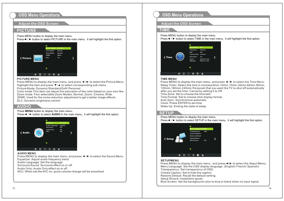 页 10, Osd menu operations, Time picture | Audio, Setup, Adjust the osd screen | Naxa NT-1506 User Manual | Page 10 / 13