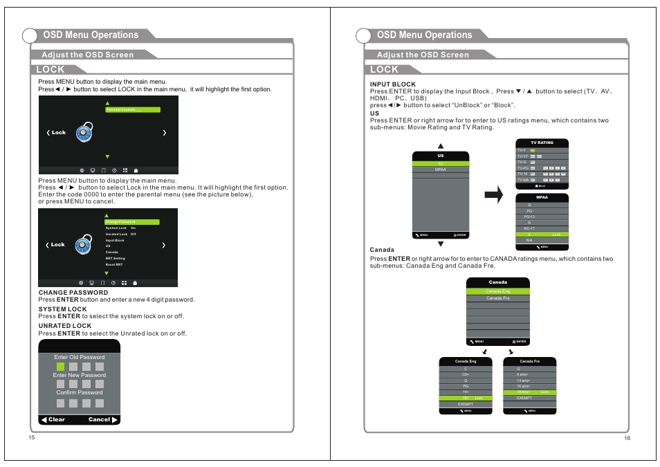 页 11, Osd menu operations, Lock | Adjust the osd screen | Naxa NT-1506 User Manual | Page 11 / 13