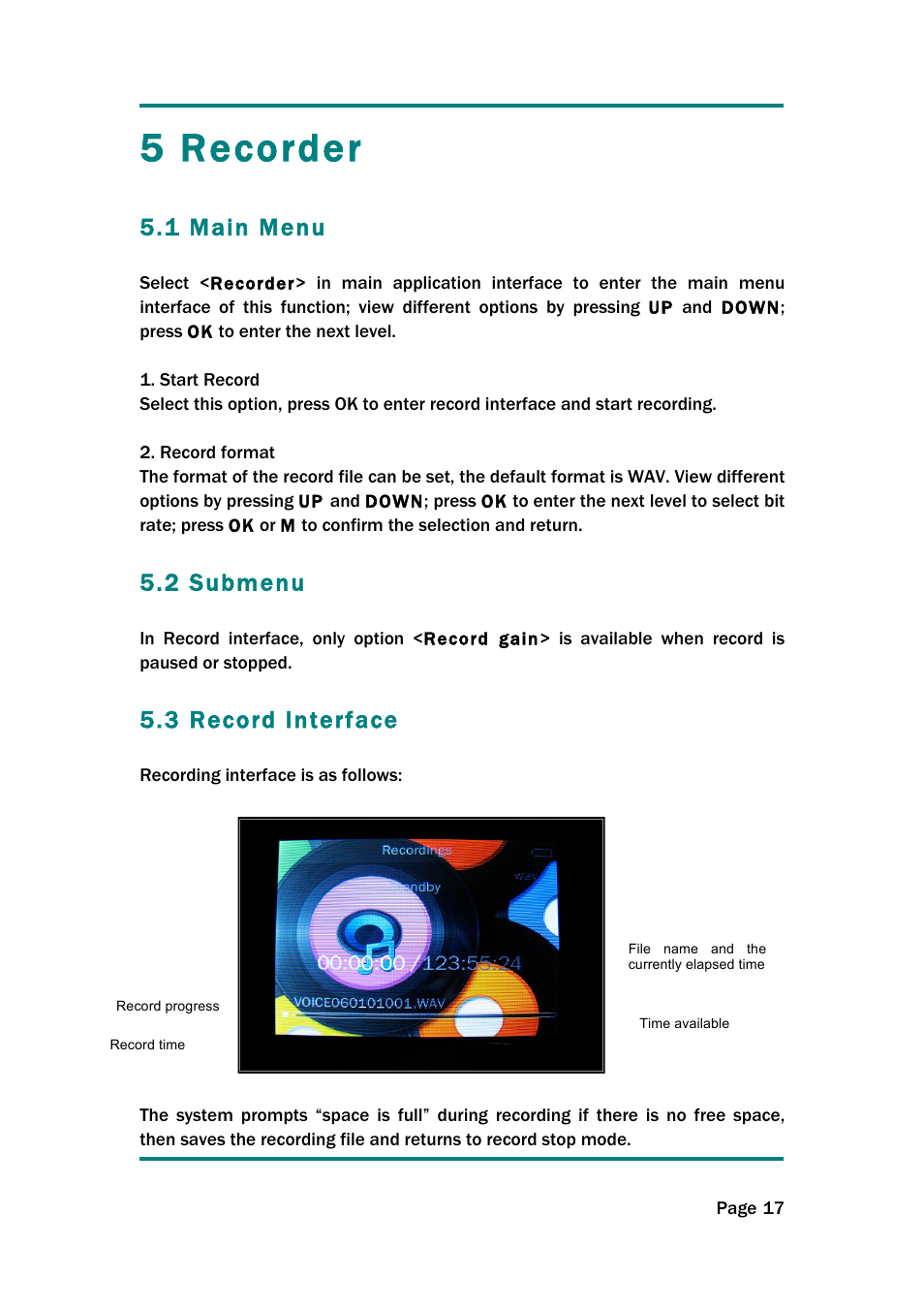 5 recorder, 1 main menu, 2 submenu | 3 record interface | Naxa NMV-154 User Manual | Page 18 / 30