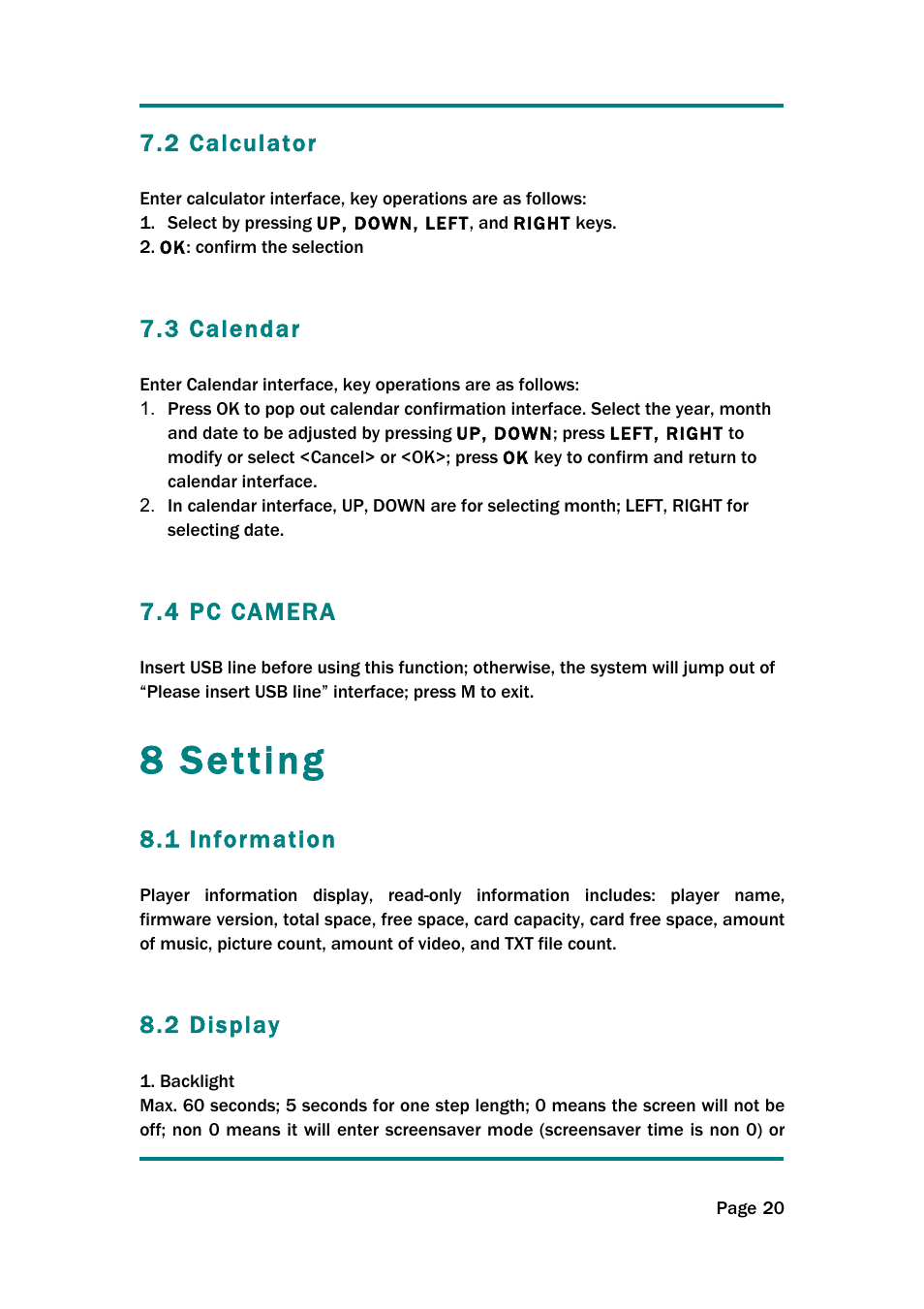 8 setting, 2 calculator, 3 calendar | 4 pc camera, 1 information, 2 display | Naxa NMV-154 User Manual | Page 21 / 30