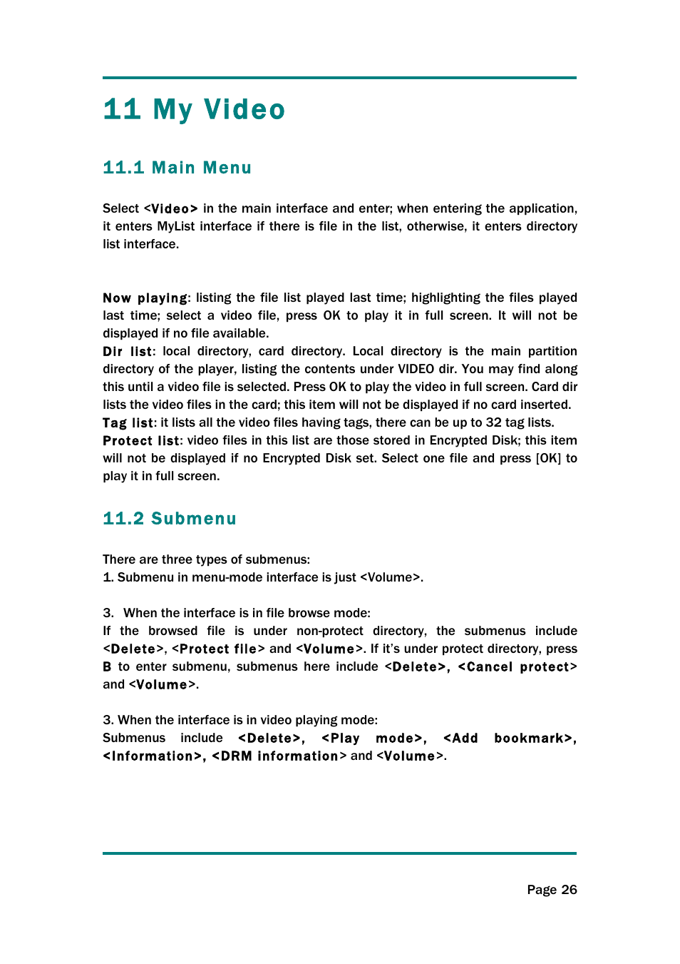 11 my video, 1 main menu, 2 submenu | Naxa NMV-154 User Manual | Page 27 / 30