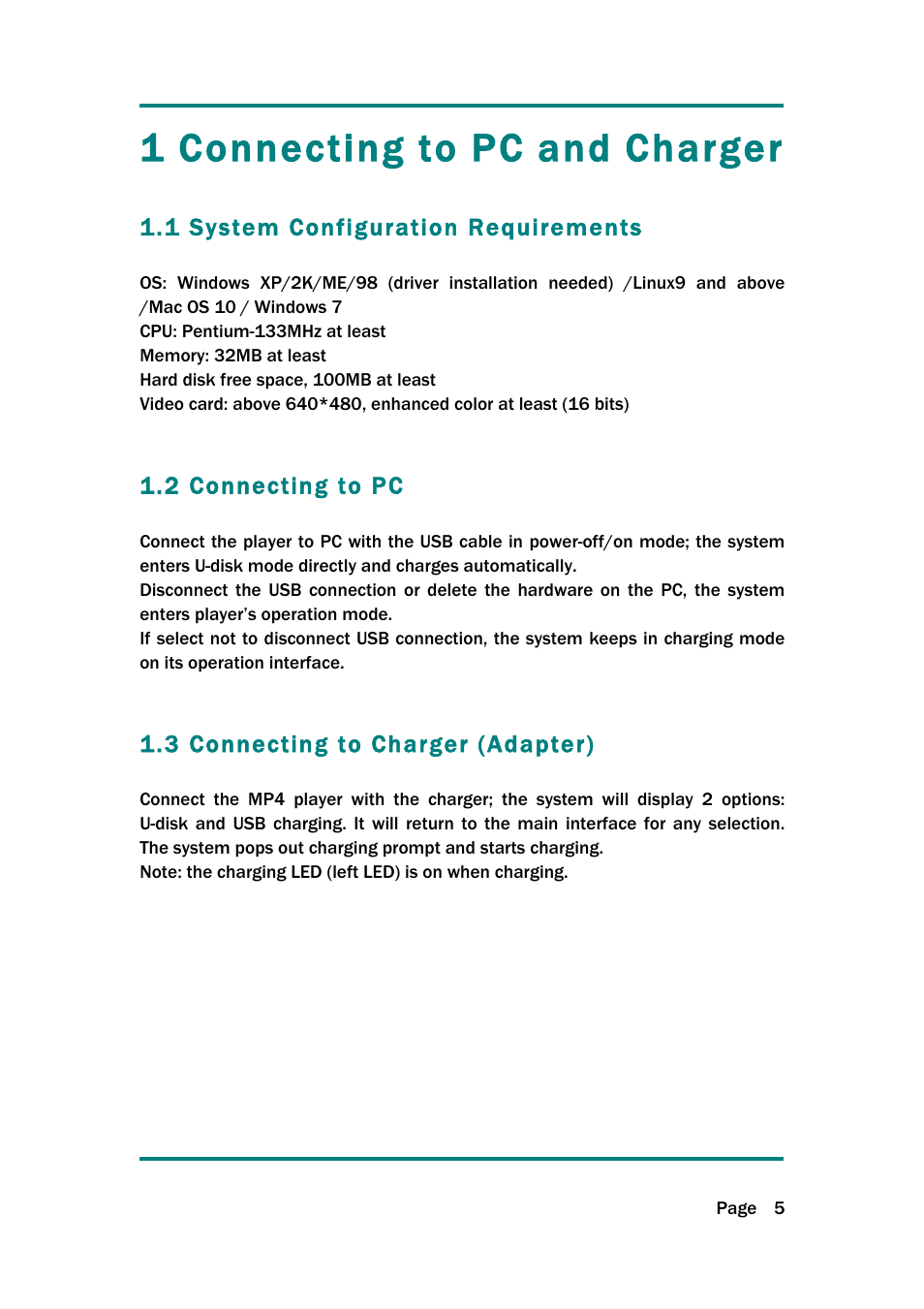 1 connecting to pc and charger, 1 system configuration requirements, 2 connecting to pc | 3 connecting to charger (adapter) | Naxa NMV-154 User Manual | Page 6 / 30
