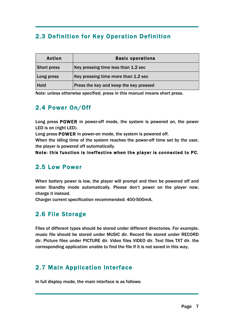 3 definition for key operation definition, 4 power on/off, 5 low power | 6 file storage, 7 main application interface | Naxa NMV-154 User Manual | Page 8 / 30