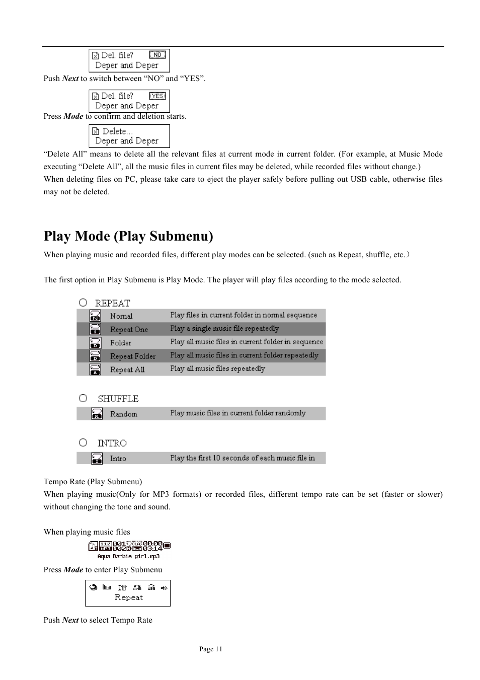 Play mode (play submenu) | Naxa NM-105 User Manual | Page 11 / 14