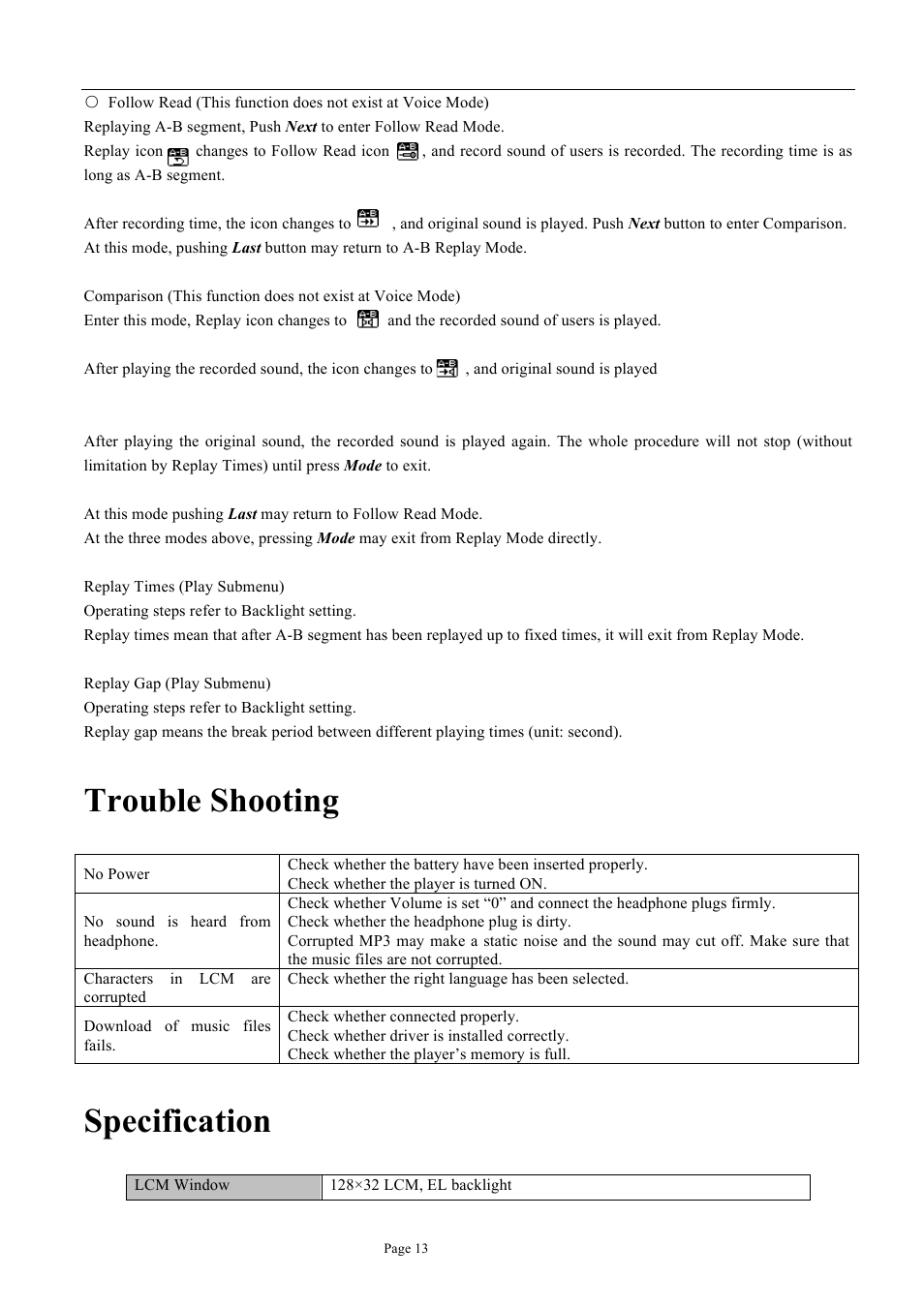 Trouble shooting, Specification | Naxa NM-105 User Manual | Page 13 / 14