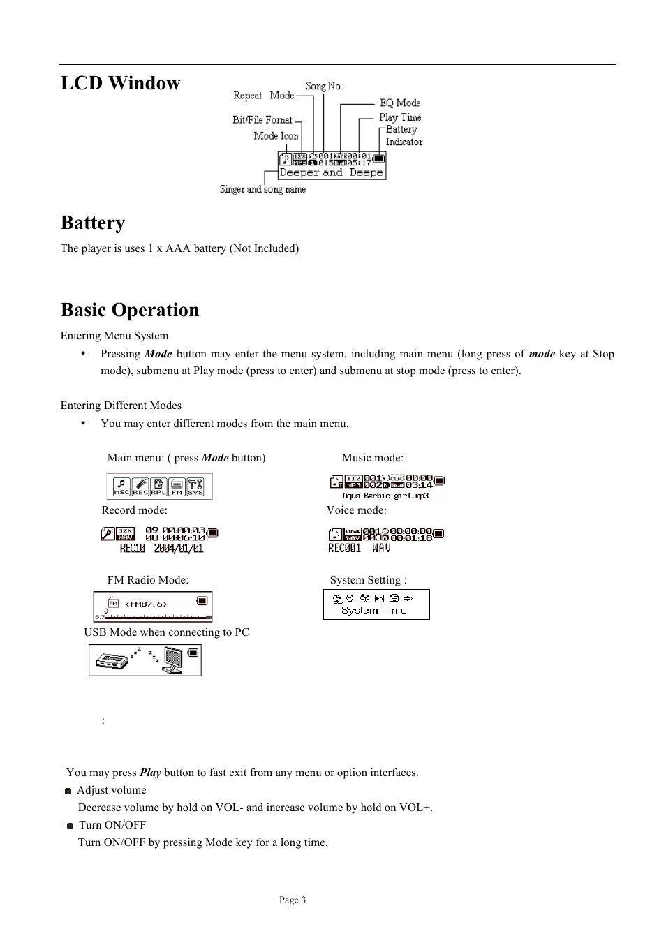 Lcd window, Battery, Basic operation | Naxa NM-105 User Manual | Page 3 / 14