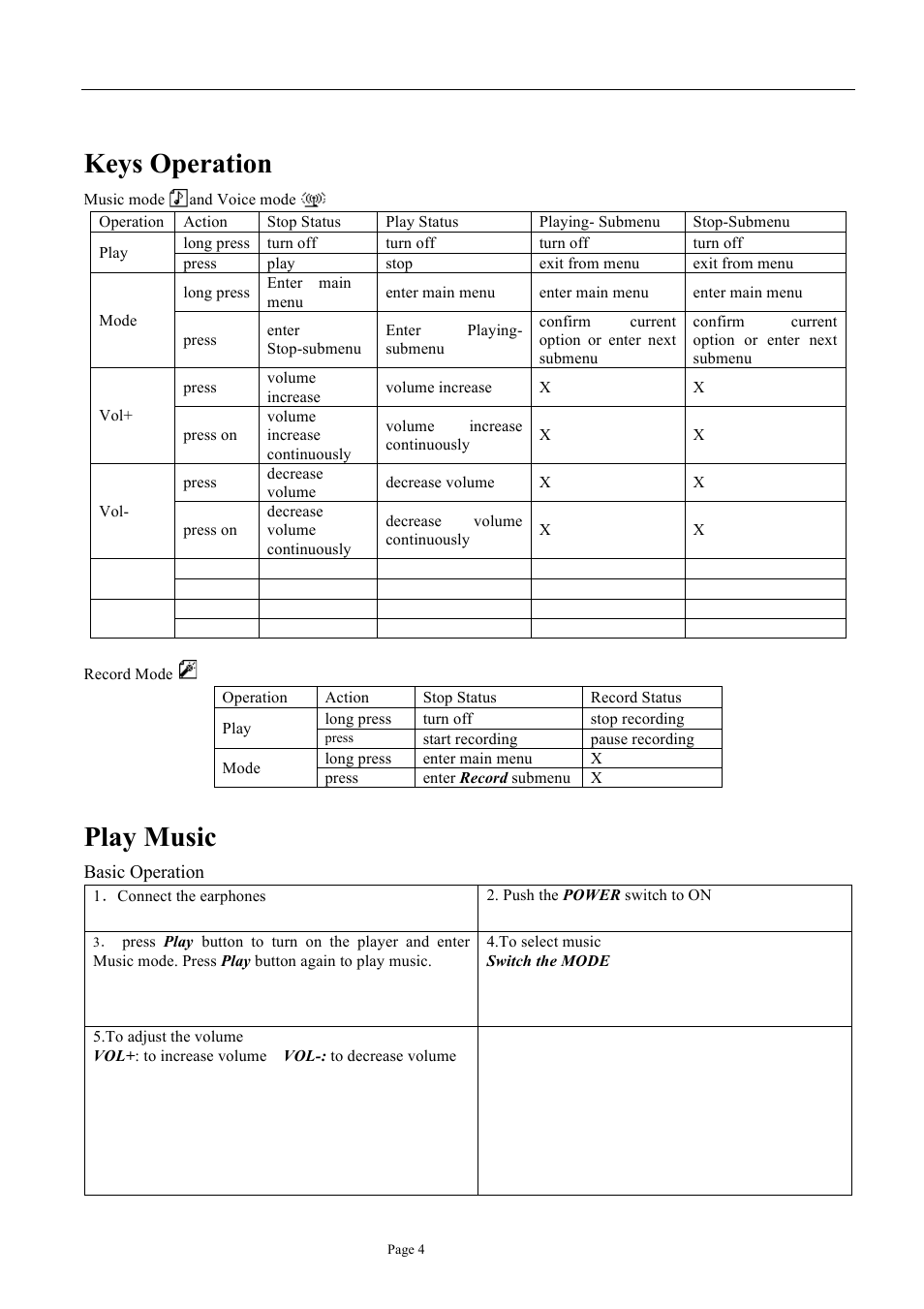Keys operation, Play music | Naxa NM-105 User Manual | Page 4 / 14