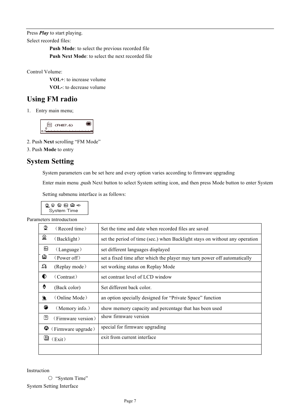 Using fm radio, System setting | Naxa NM-105 User Manual | Page 7 / 14