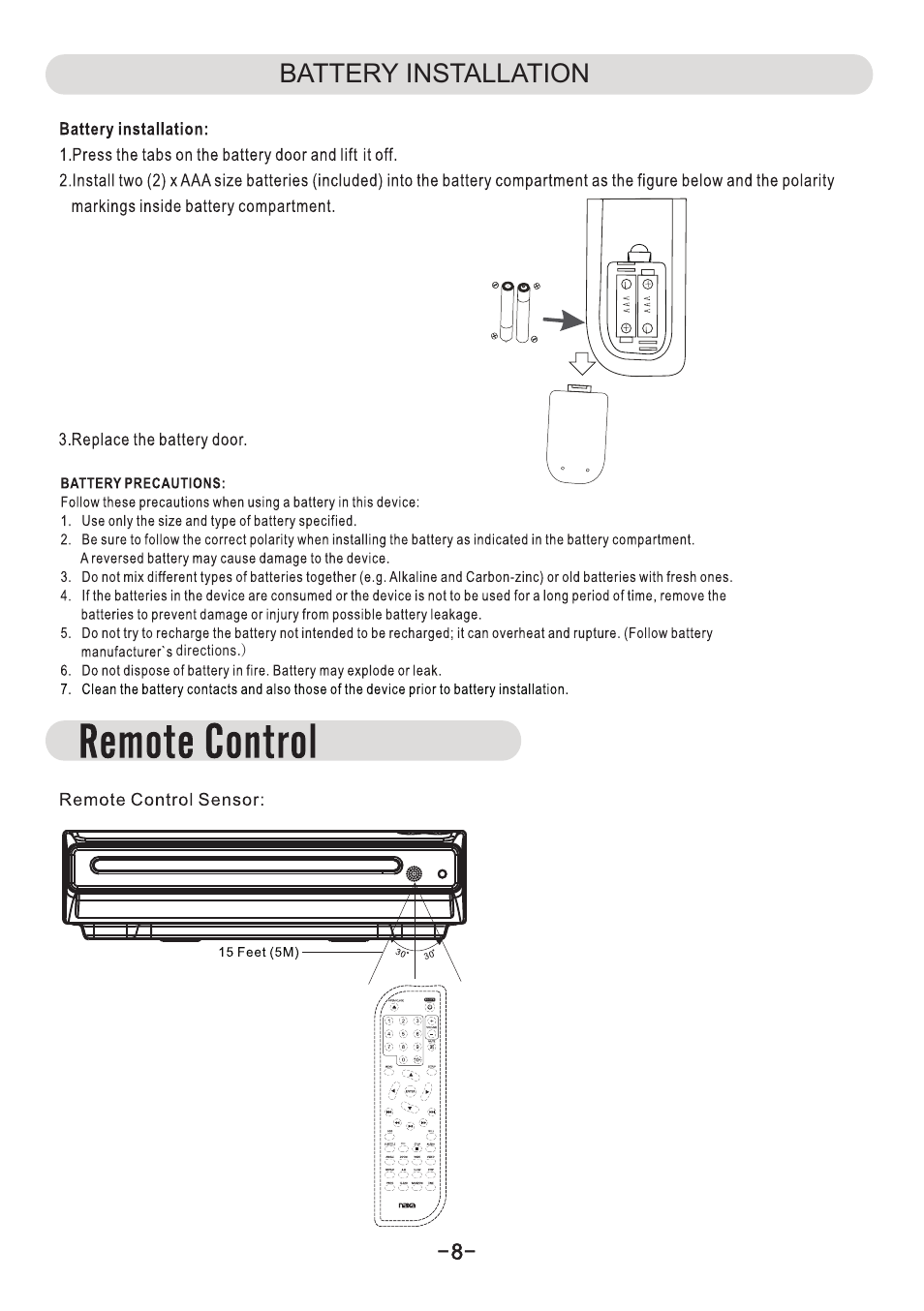 Battery installation | Naxa ND-851 User Manual | Page 9 / 21