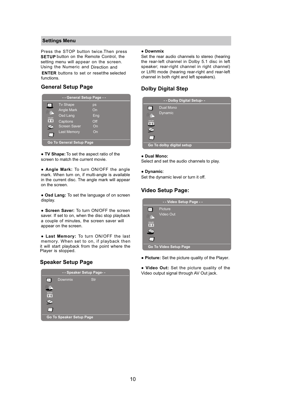 General setup page, Speaker setup page, Dolby digital step | Video setup page, Settings menu | Naxa NPD-1003 User Manual | Page 11 / 13