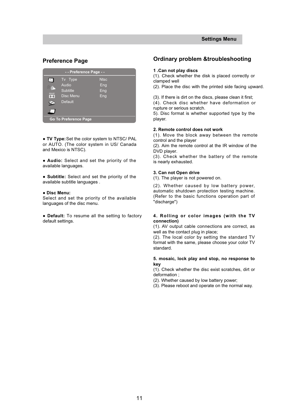 Preference page, Ordinary problem &troubleshooting | Naxa NPD-1003 User Manual | Page 12 / 13