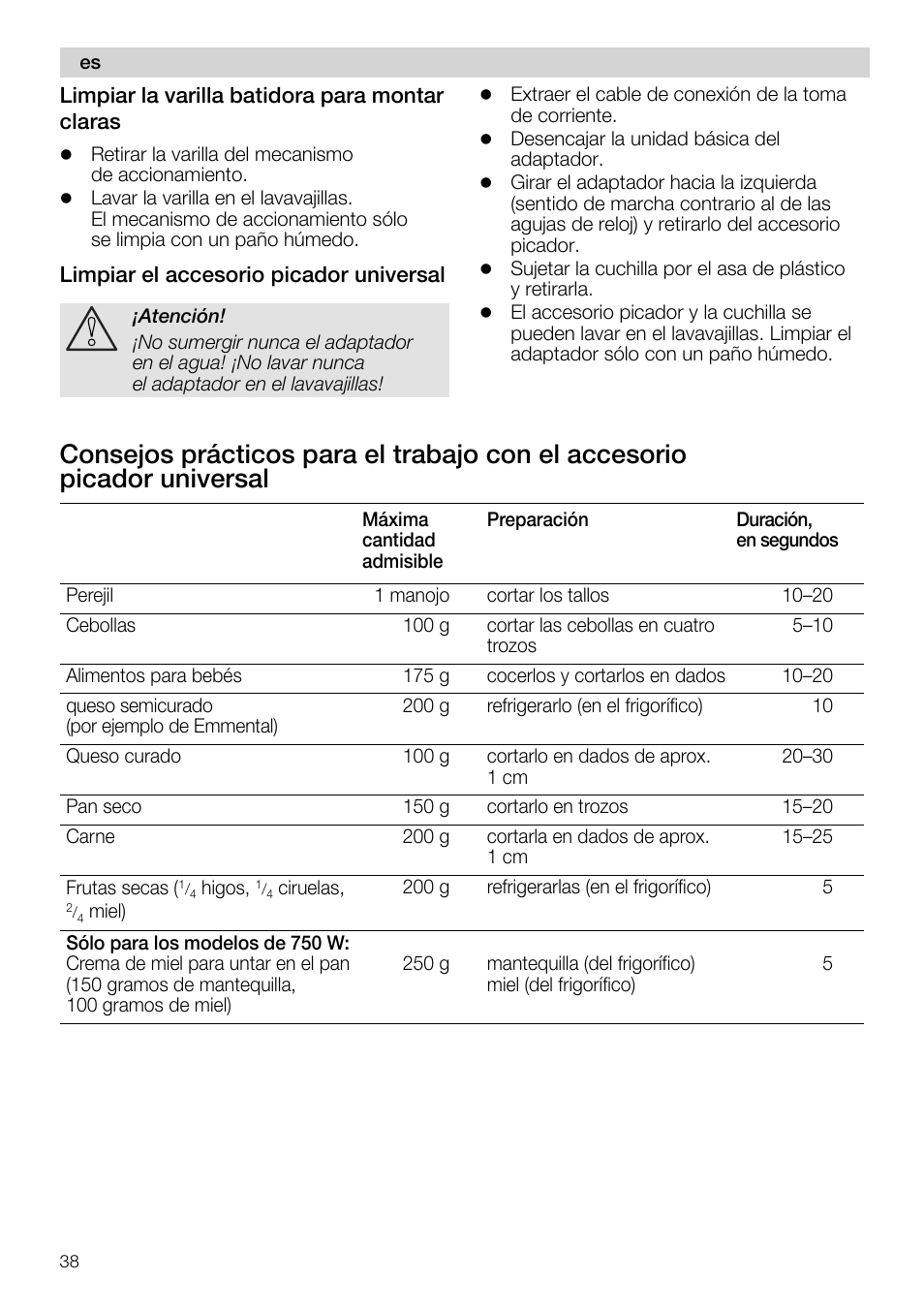 Limpiar la varilla batidora para montar claras, Limpiar el accesorio picador universal | Siemens MQ 5 N 547 User Manual | Page 38 / 81
