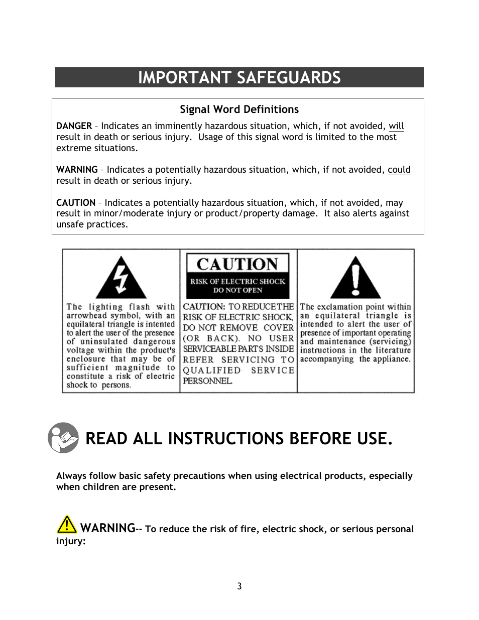 Important safeguards, Read all instructions before use, Warning | Naxa NI-3103A User Manual | Page 3 / 13