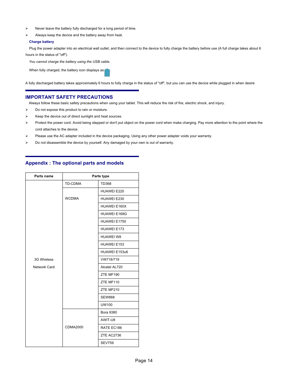 Important safety precautions, Appendix : the optional parts and models, Page 14 | Naxa NID-7007 User Manual | Page 15 / 15