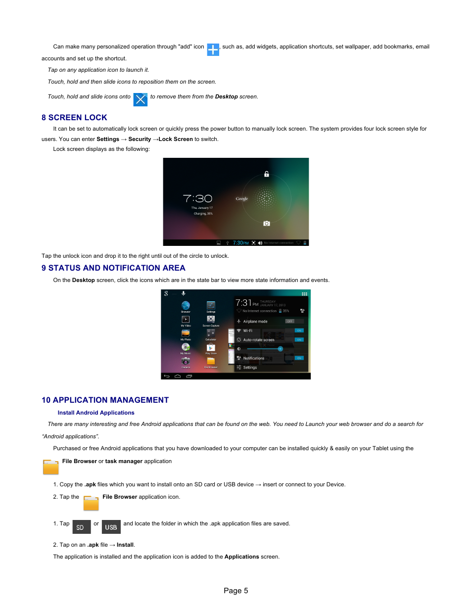 8 screen lock, 9 status and notification area, 10 application management | Naxa NID-7007 User Manual | Page 6 / 15