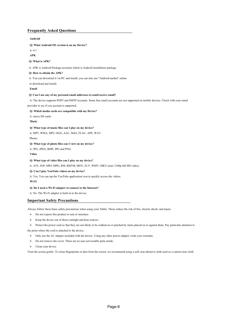 Frequently asked questions, Important safety precautions, Page-9 | Naxa NID-7006A User Manual | Page 11 / 11