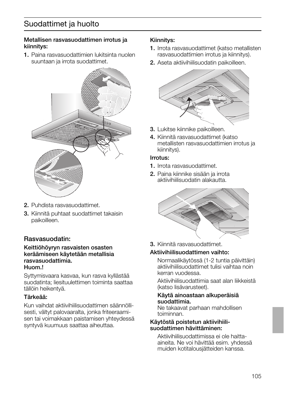 Suodattimet ja huolto | Siemens LC 47650 User Manual | Page 105 / 124