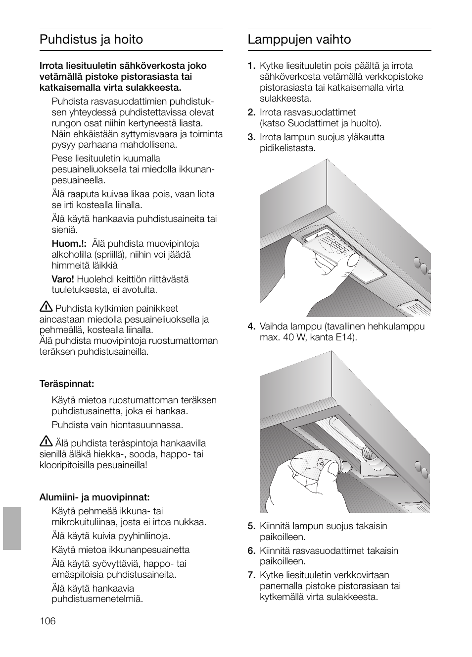Lamppujen vaihto, Puhdistus ja hoito | Siemens LC 47650 User Manual | Page 106 / 124