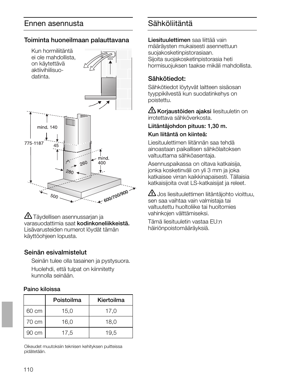 Sähköliitäntä, Ennen asennusta | Siemens LC 47650 User Manual | Page 110 / 124