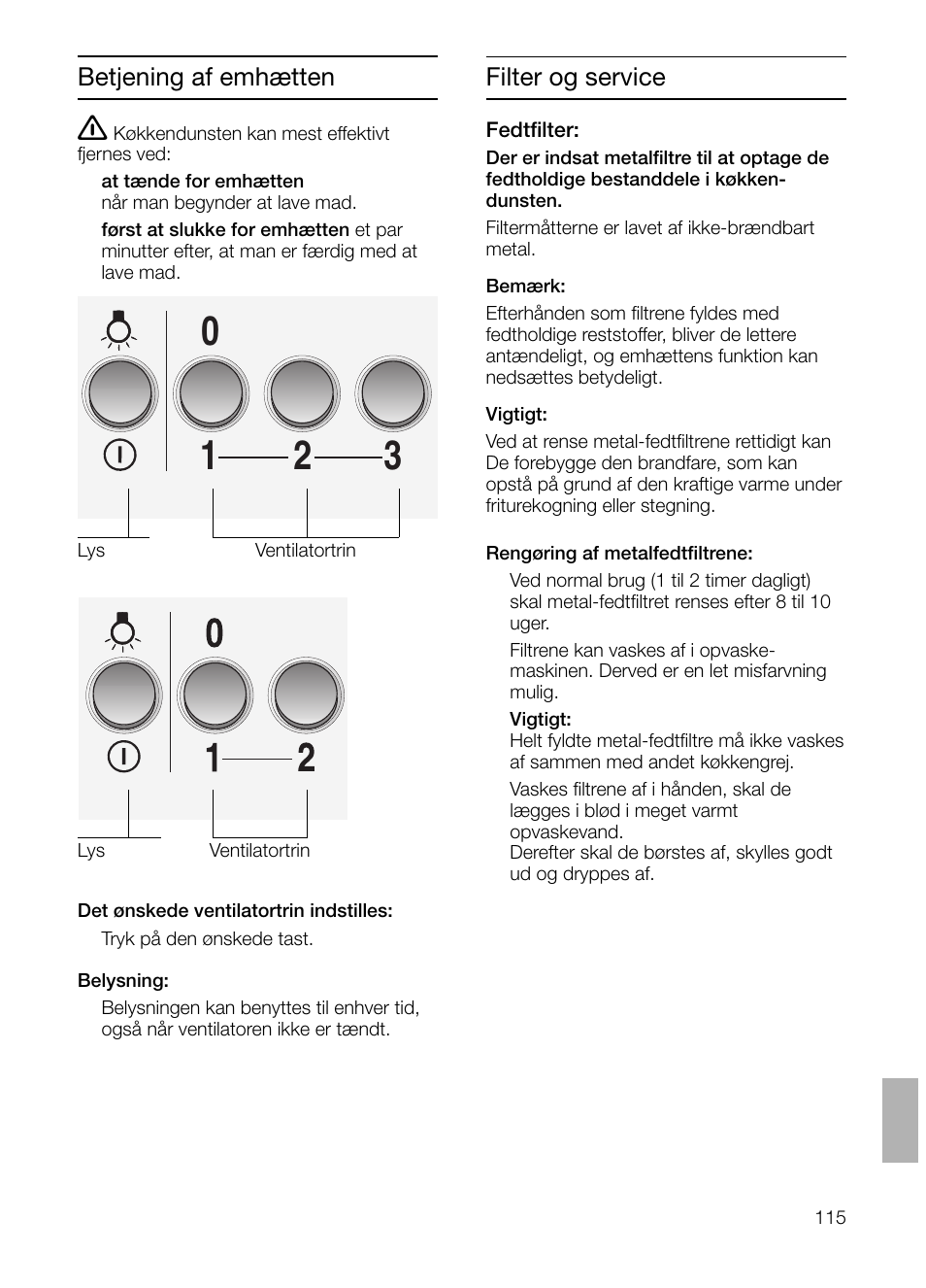 Betjening af emhætten, Filter og service | Siemens LC 47650 User Manual | Page 115 / 124