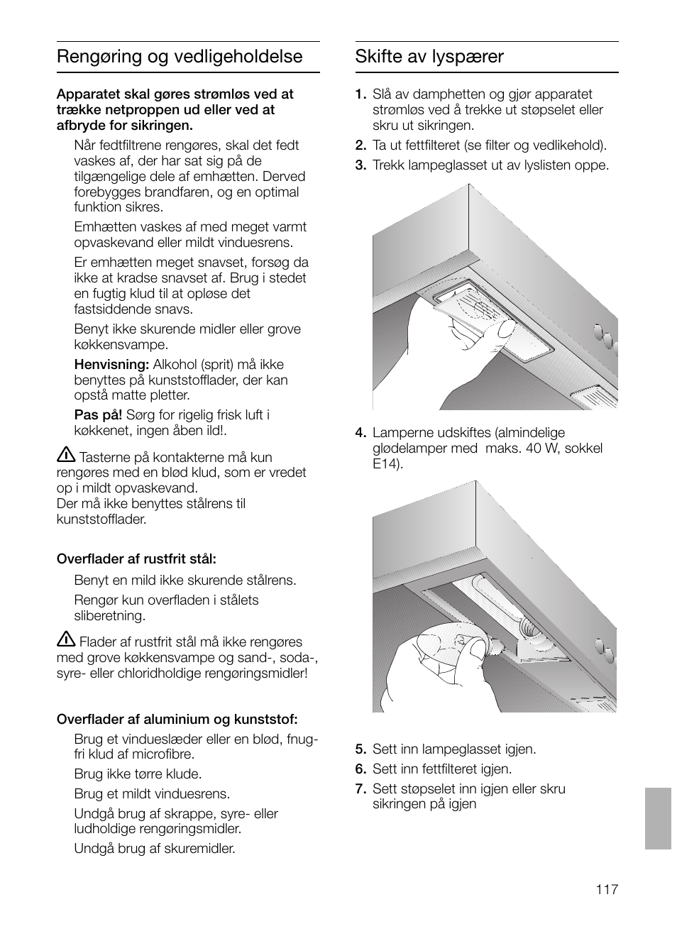 Rengøring og vedligeholdelse, Skifte av lyspærer | Siemens LC 47650 User Manual | Page 117 / 124