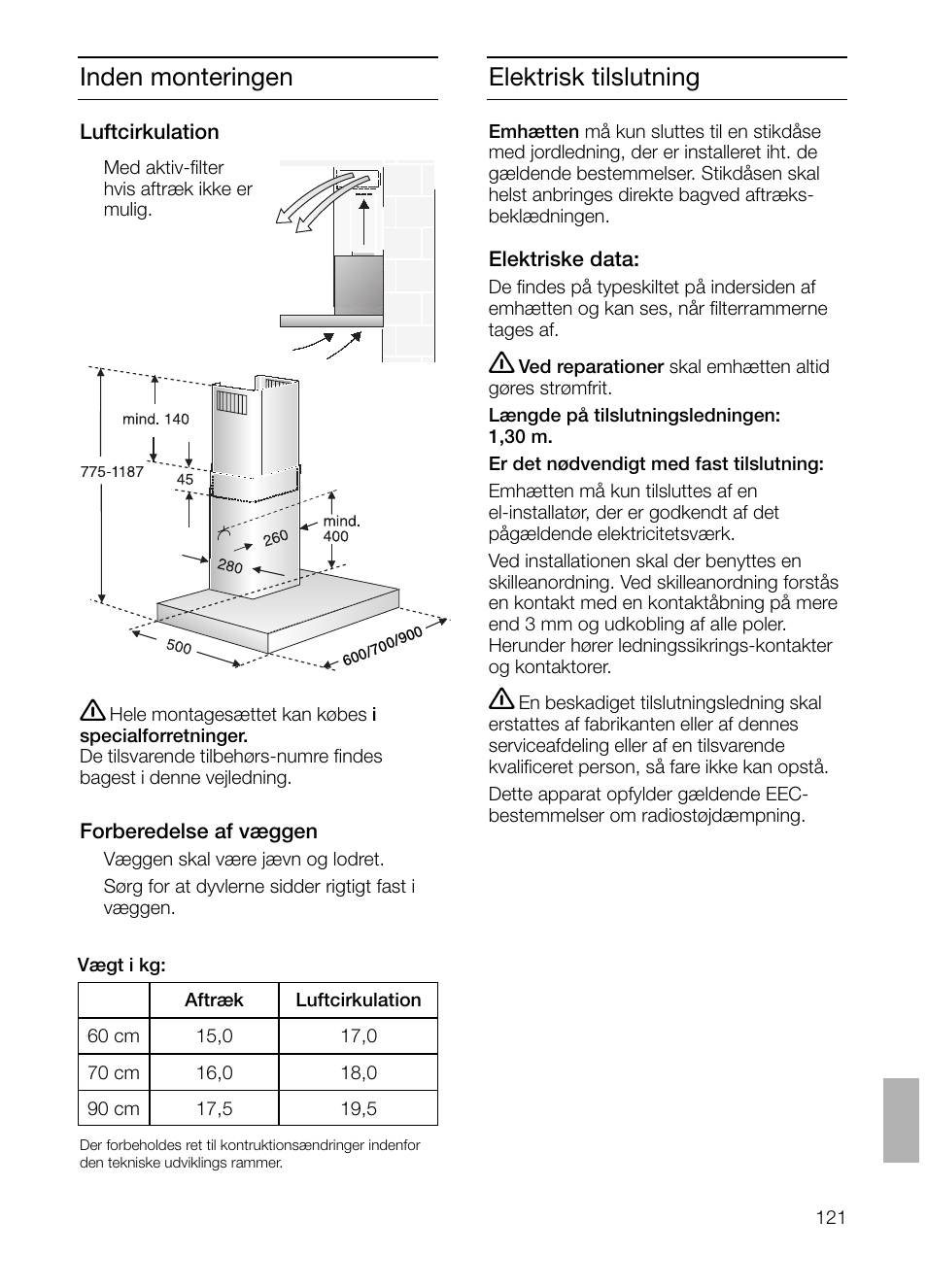 Elektrisk tilslutning, Inden monteringen | Siemens LC 47650 User Manual | Page 121 / 124