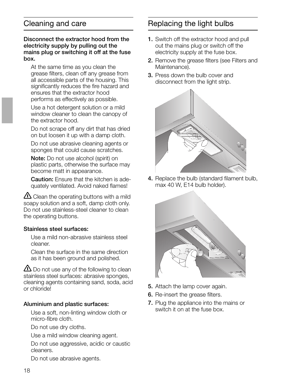 Replacing the light bulbs, Cleaning and care | Siemens LC 47650 User Manual | Page 18 / 124