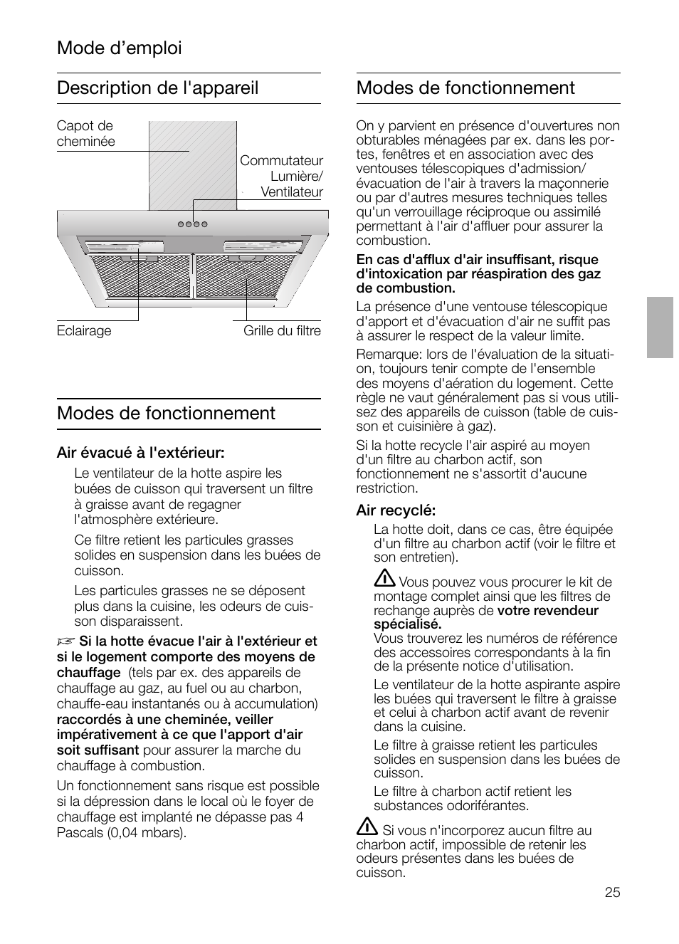 Description de l'appareil modes de fonctionnement, Mode d’emploi modes de fonctionnement | Siemens LC 47650 User Manual | Page 25 / 124