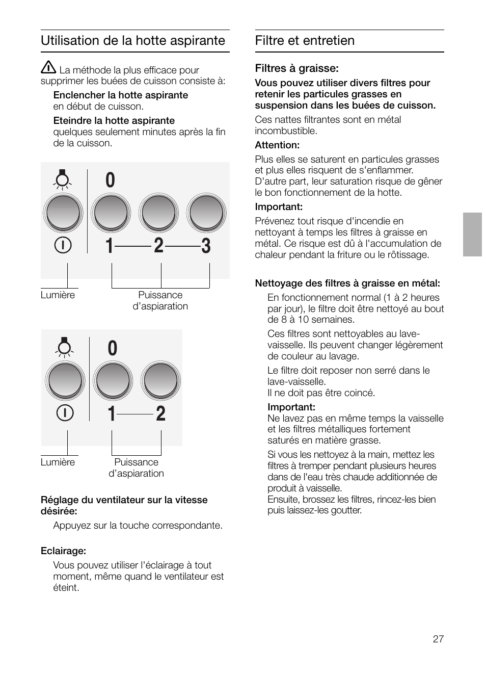 Utilisation de la hotte aspirante, Filtre et entretien | Siemens LC 47650 User Manual | Page 27 / 124