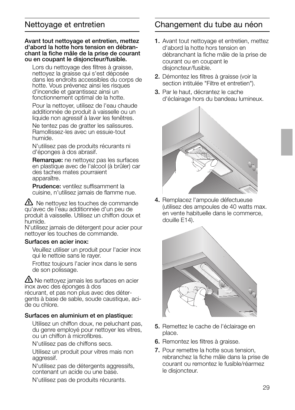 Nettoyage et entretien, Changement du tube au néon | Siemens LC 47650 User Manual | Page 29 / 124