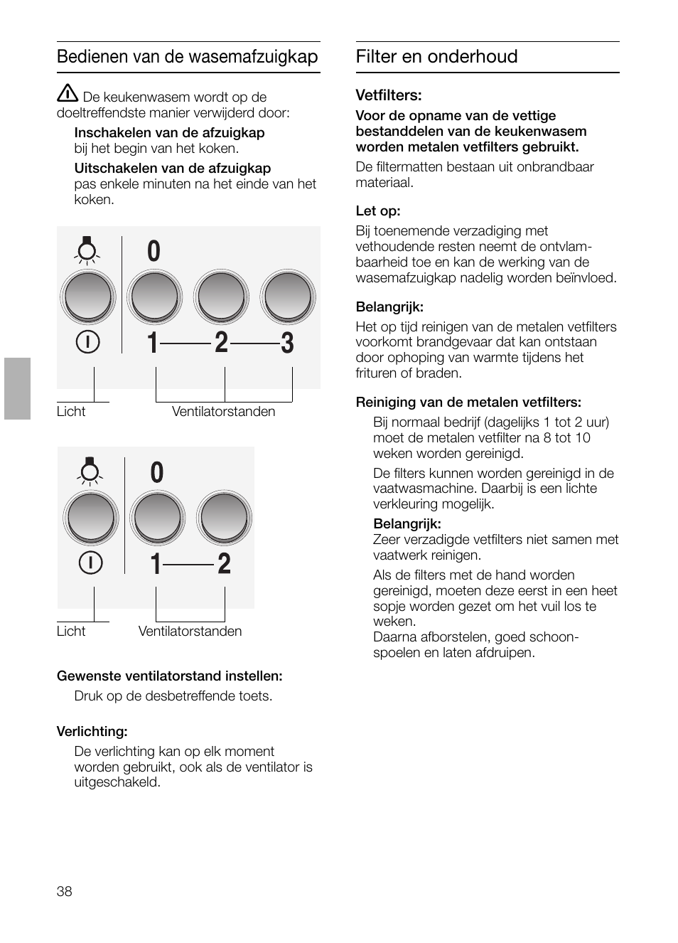 Bedienen van de wasemafzuigkap, Filter en onderhoud | Siemens LC 47650 User Manual | Page 38 / 124