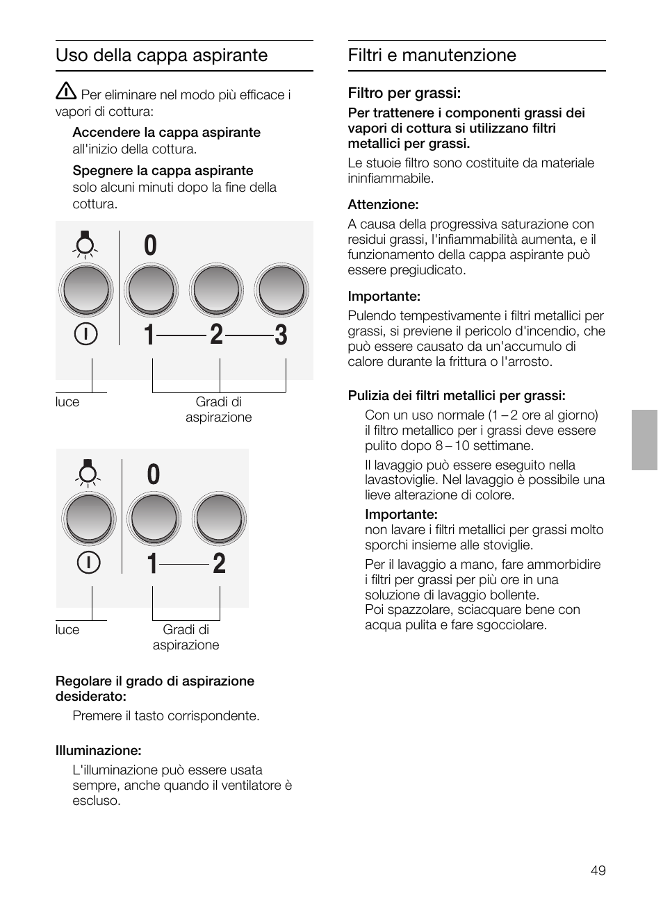Uso della cappa aspirante, Filtri e manutenzione | Siemens LC 47650 User Manual | Page 49 / 124