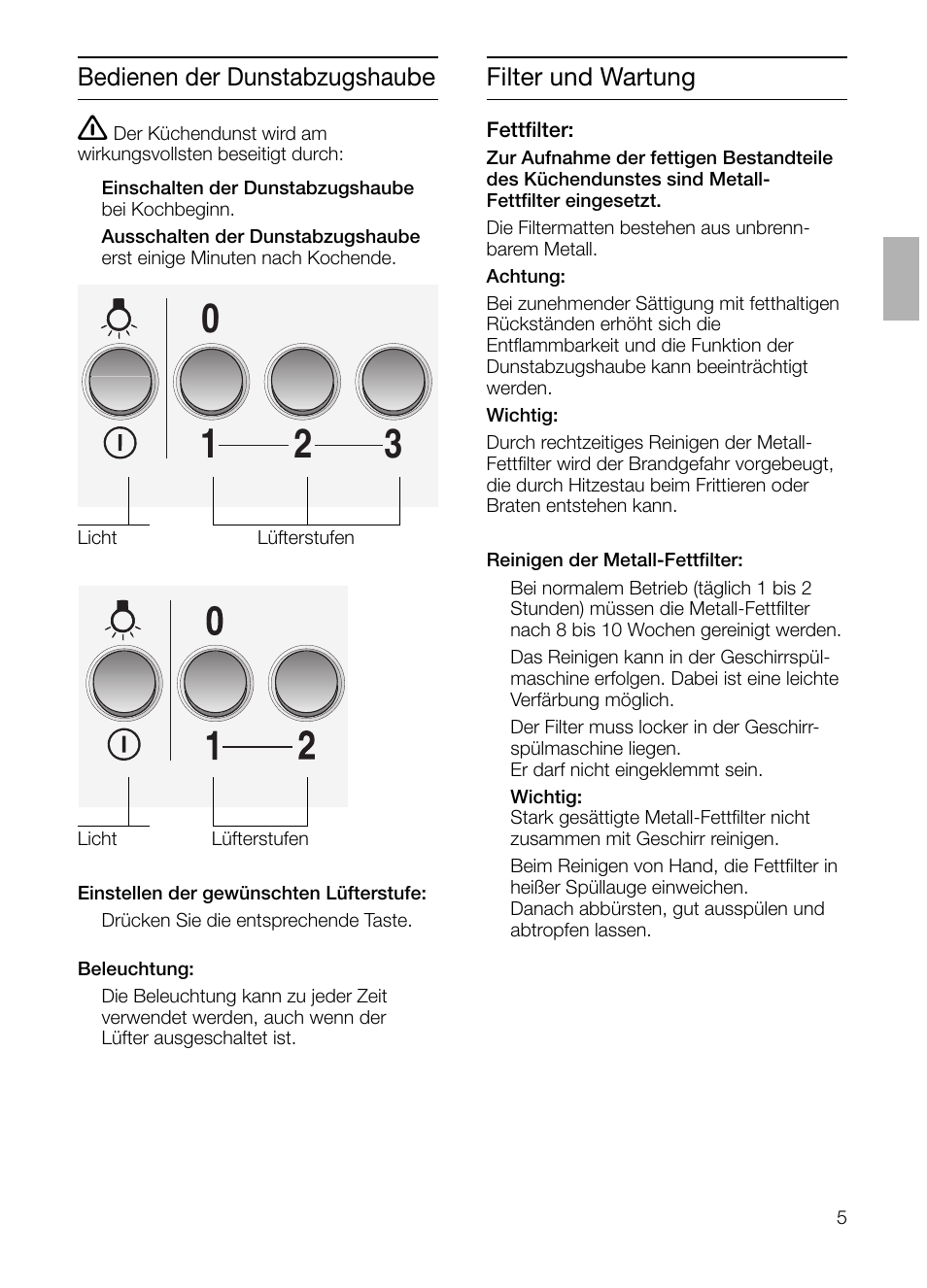 Bedienen der dunstabzugshaube, Filter und wartung | Siemens LC 47650 User Manual | Page 5 / 124