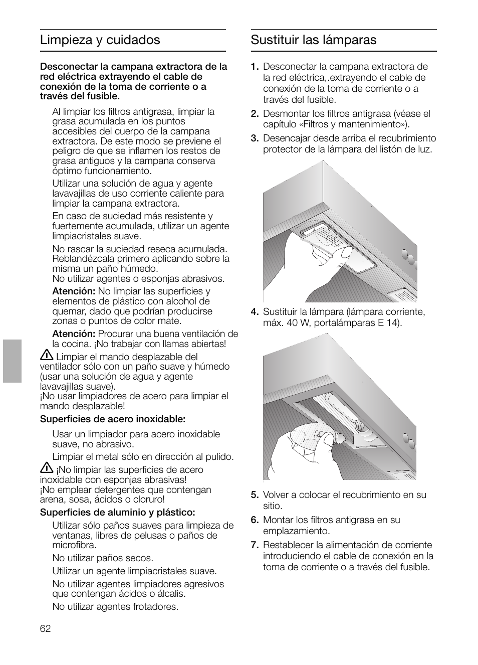 Sustituir las lámparas, Limpieza y cuidados | Siemens LC 47650 User Manual | Page 62 / 124