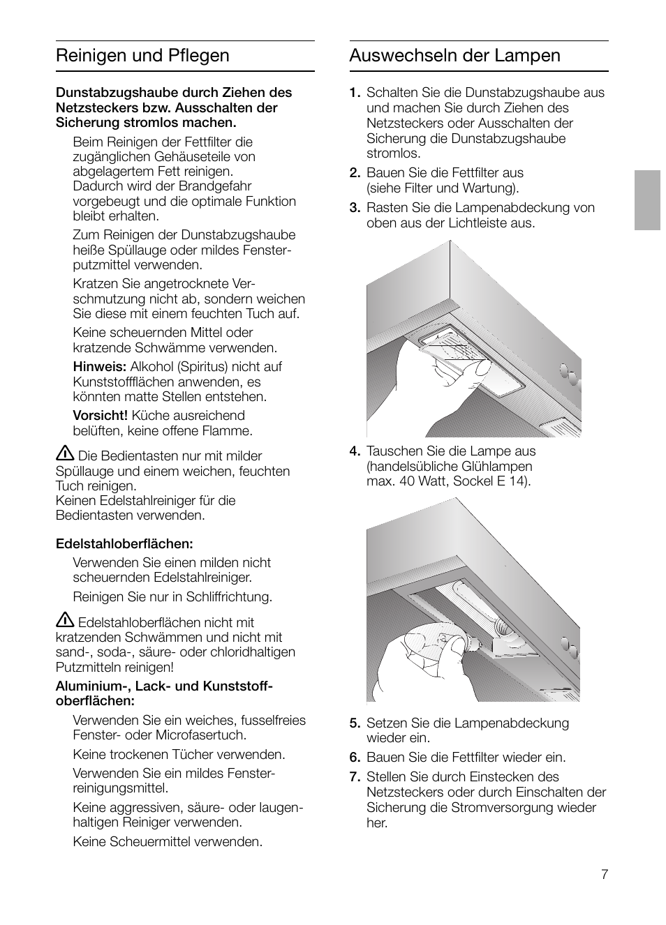 Reinigen und pflegen, Auswechseln der lampen | Siemens LC 47650 User Manual | Page 7 / 124