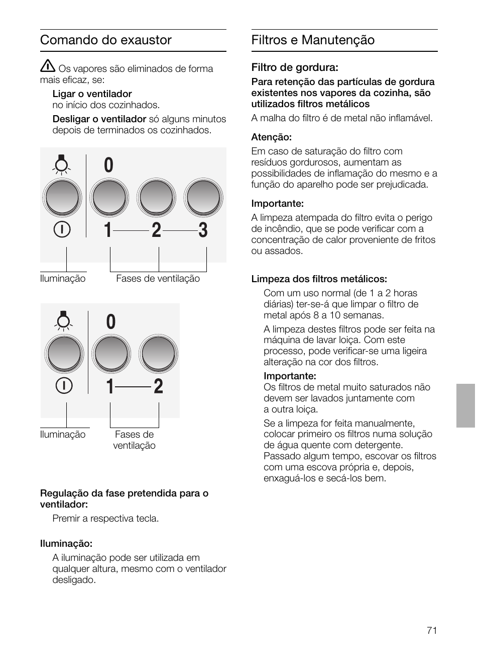 Comando do exaustor, Filtros e manutenção | Siemens LC 47650 User Manual | Page 71 / 124